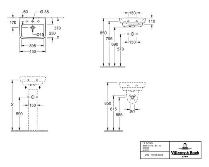 Villeroy&Boch O.Novo 450x370x160mm Basin with Overflow White Alpine  4344.50.01