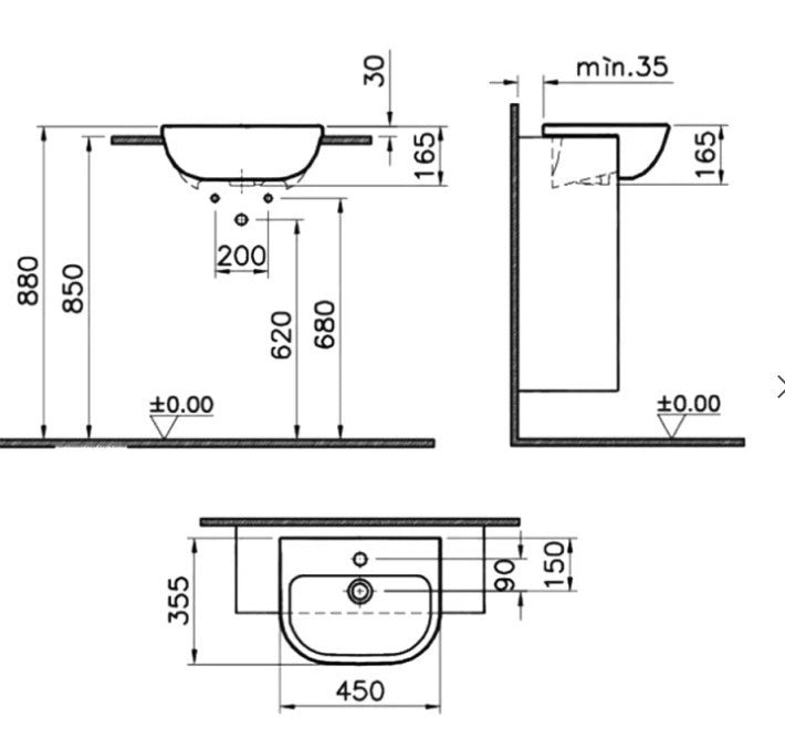 Vitra S20 Semi Recessed Basin 450mm Wide 1 Tap Hole - 5521B003-0001