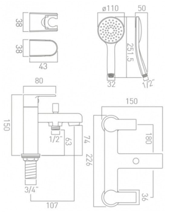 Vado Ion 2 Hole Bath Shower Single Lever Mixer Deck ,Shower Kit ION-130+K-C/P