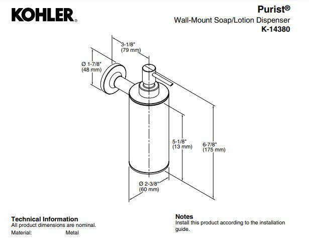 Kohler Chrome Metal Wall Mounted Bathroom Kitchen Soap Dispenser 14380-CP